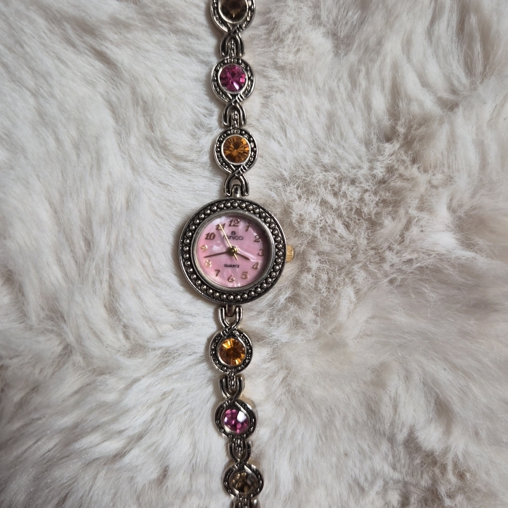 Minicci Watch Pink Silver Tone Y2K Style Orange Rhinestones Round Face ✨️💫
